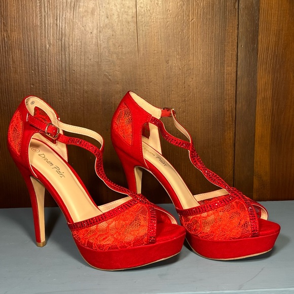 Super Sexy Red Suede, Lace & Rhinestone Stiletto Heels by Dream Pairs. 9.5M ❤️❤️ - Picture 2 of 10